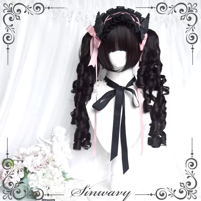 Black Jirai Kei double ponytail curly wig with black lace devil horn hairband pink ribbons and bow on mannequin with flowers