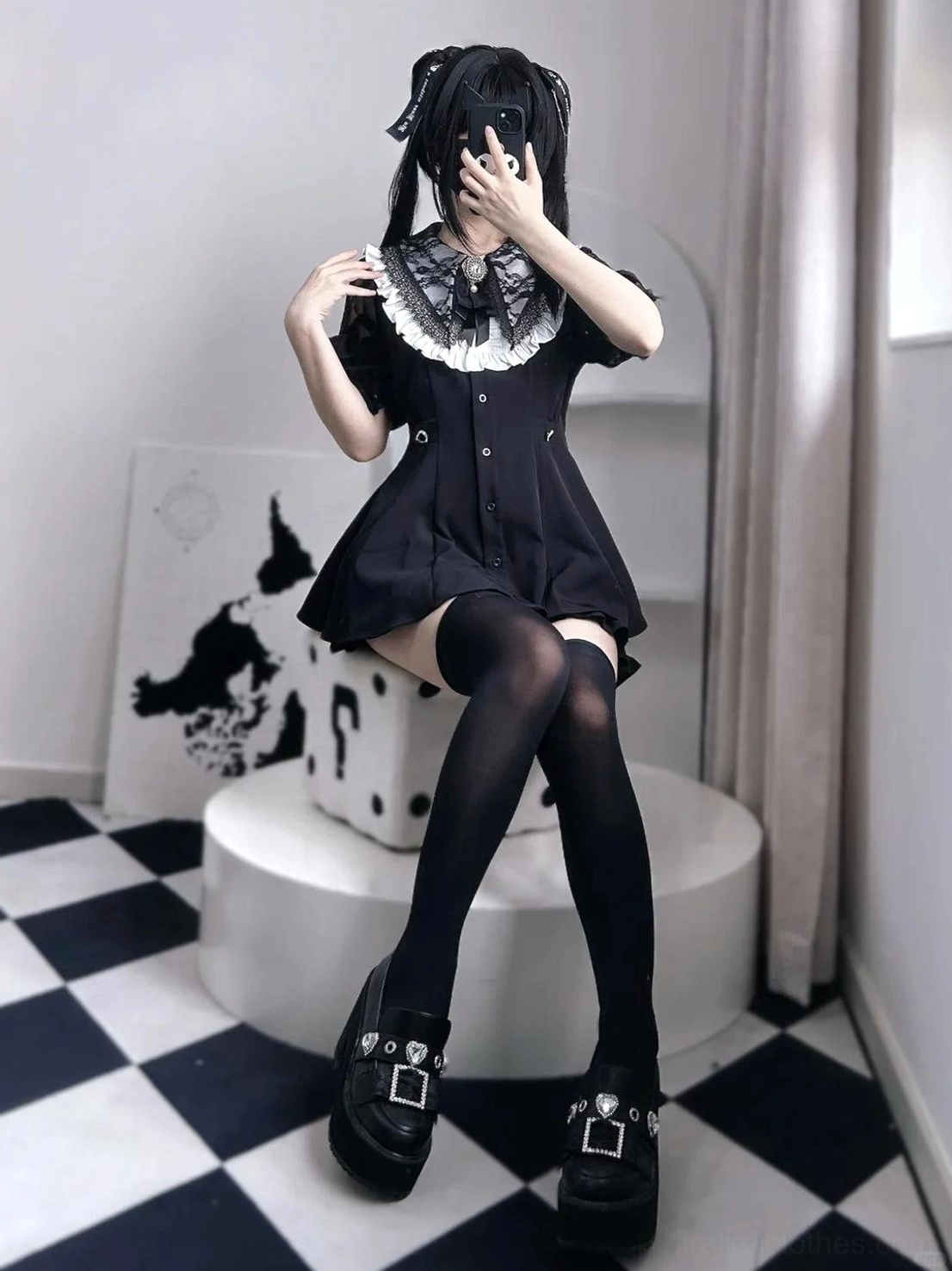 Black Jirai Kei dress set with chest ruffles and button-up front creating dimension and visual interest for customizable styling
