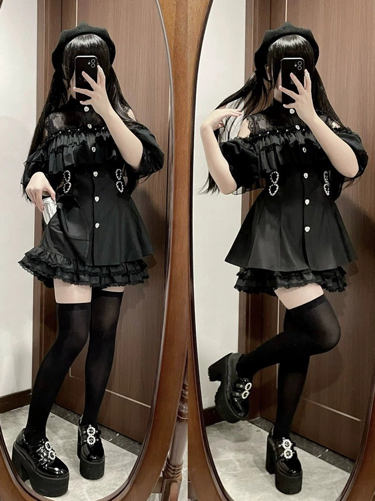 Black Jirai Kei dress set with front button closure metal heart buckle accents ruffle neckline and thigh-high stockings styling