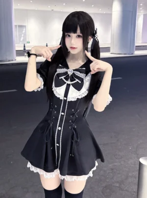 Black Jirai Kei mini dress front flat view with white lace collar chest bow and lace-up waist detail