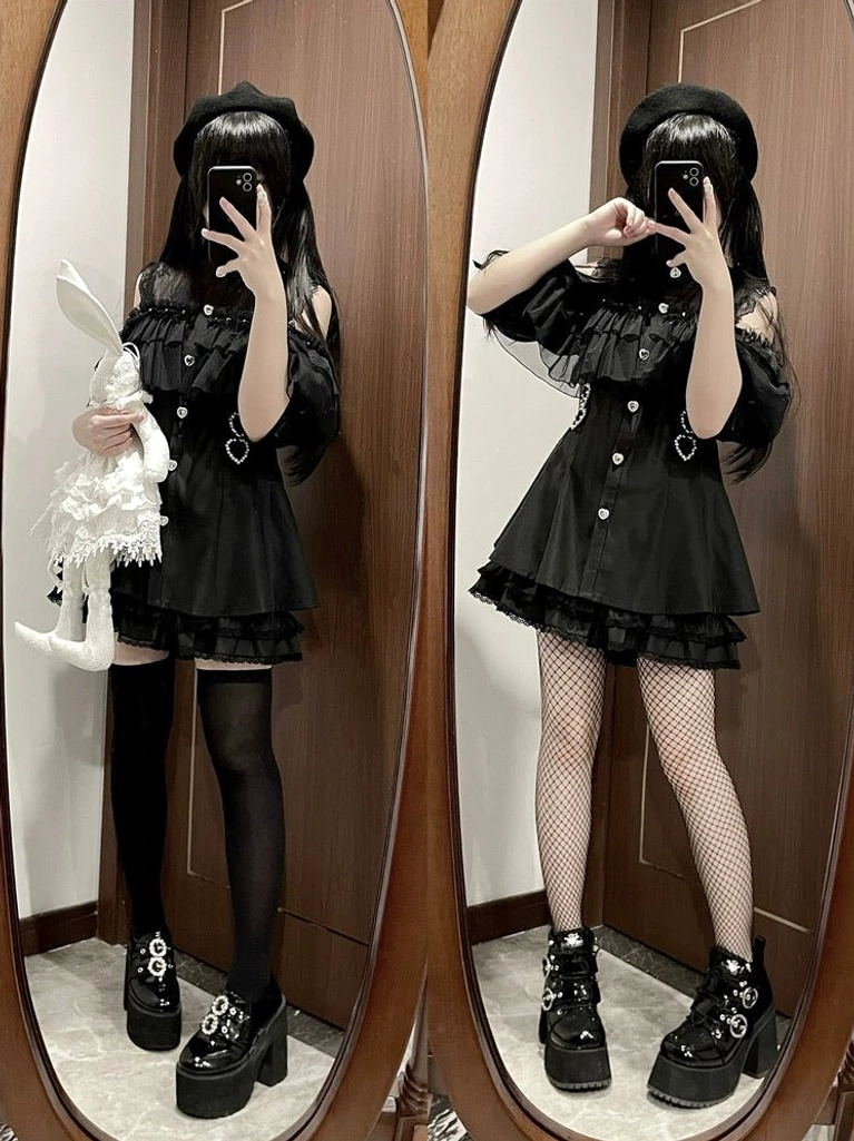 Black Jirai Kei off-shoulder dress set mirror selfie with mixed thigh-high stockings platform shoes and ruffle hem skirt
