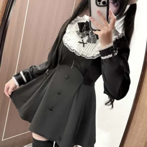 Black Jirai Kei long sleeve dress set with white ruffled lace collar cross embroidery detail mirror selfie close-up