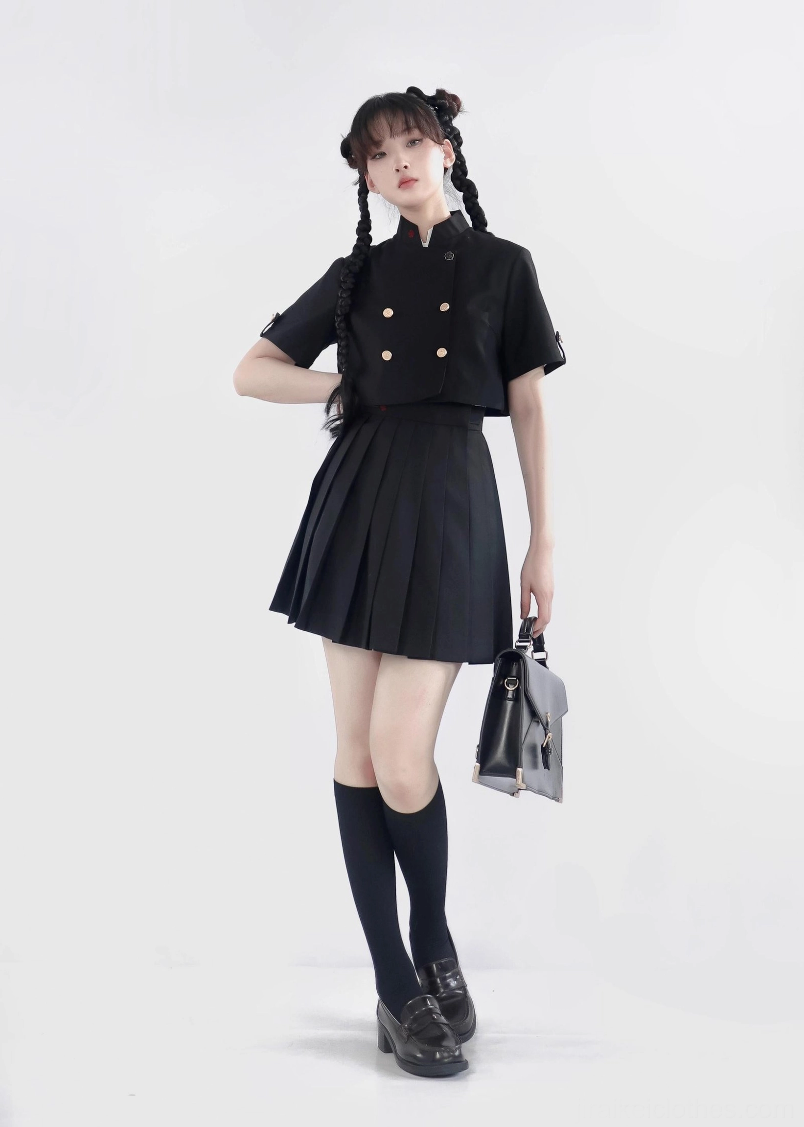 Jirai Kei black embroidered coat golden buttons double-breasted detail red floral embroidery collar