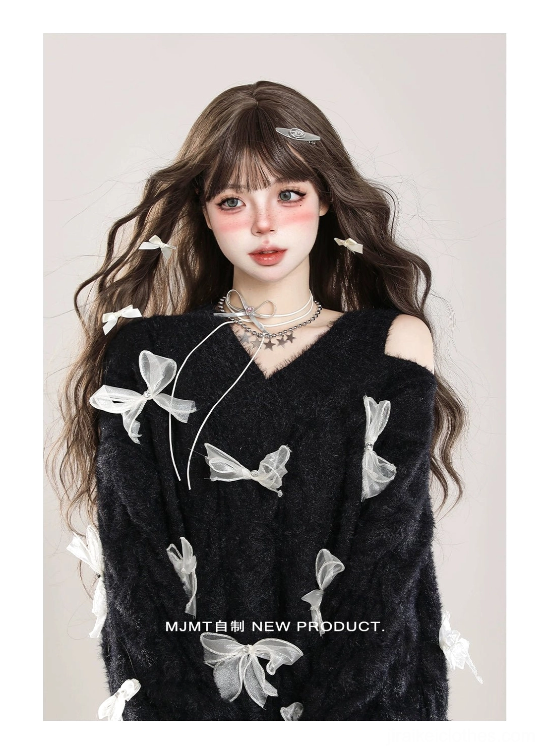 Close-up upper body shot of black fuzzy Jirai Kei bow sweater featuring white sheer ribbon bows and cold-shoulder V-neck with drawstring, textile detail focus