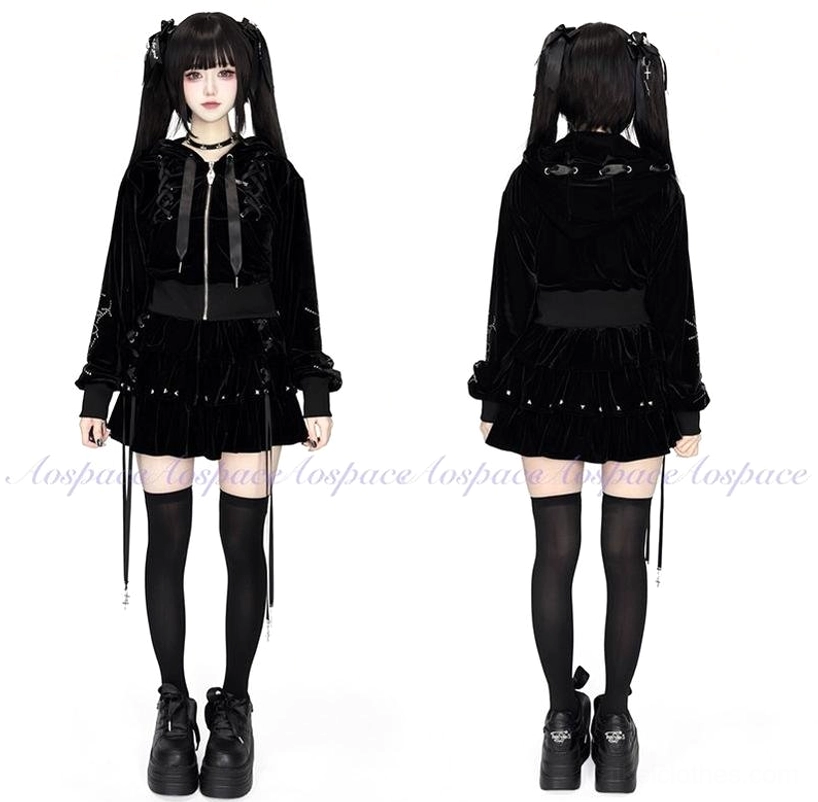 Jirai Kei black gothic hoodie and ruffle skirt set front and back view showing hanging ribbon tassels and rivet trim details