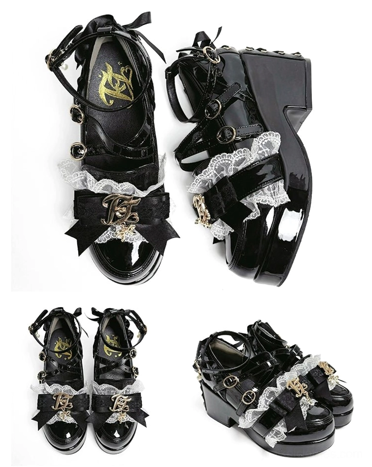 Black patent leather Jirai Kei platform heel sole and platform base view showing thick reinforced block construction studded edge detail and structural engineering