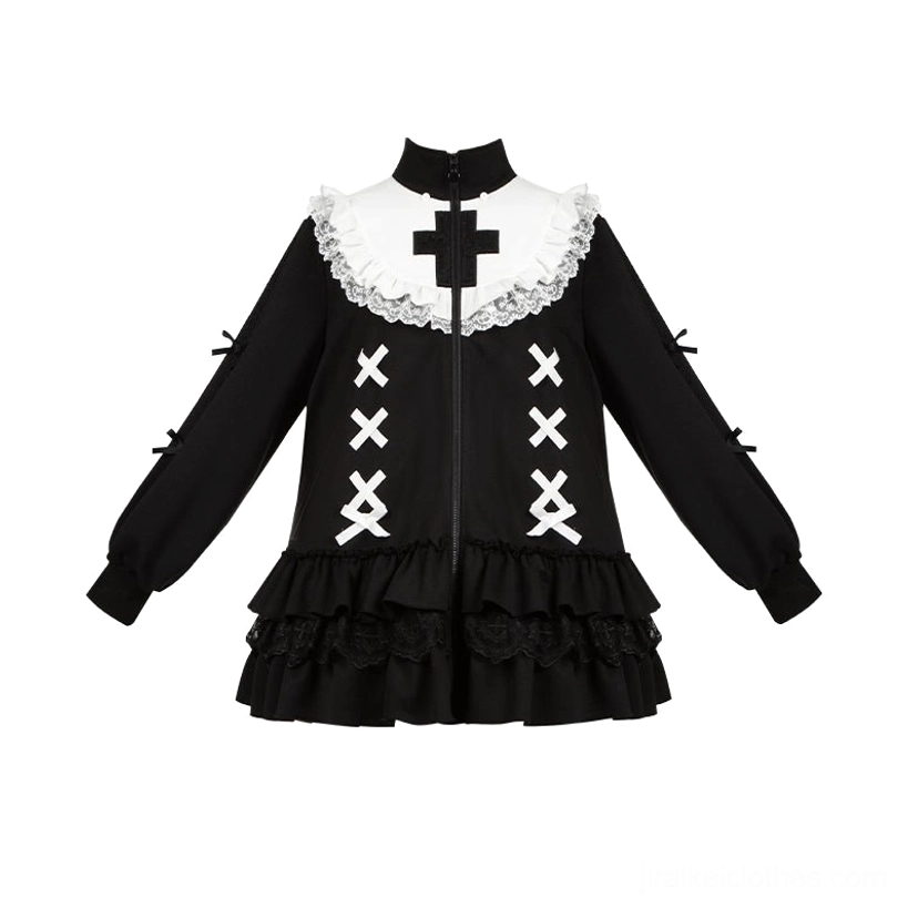 Black Jirai Kei hooded coat standalone featured model wearing product photography