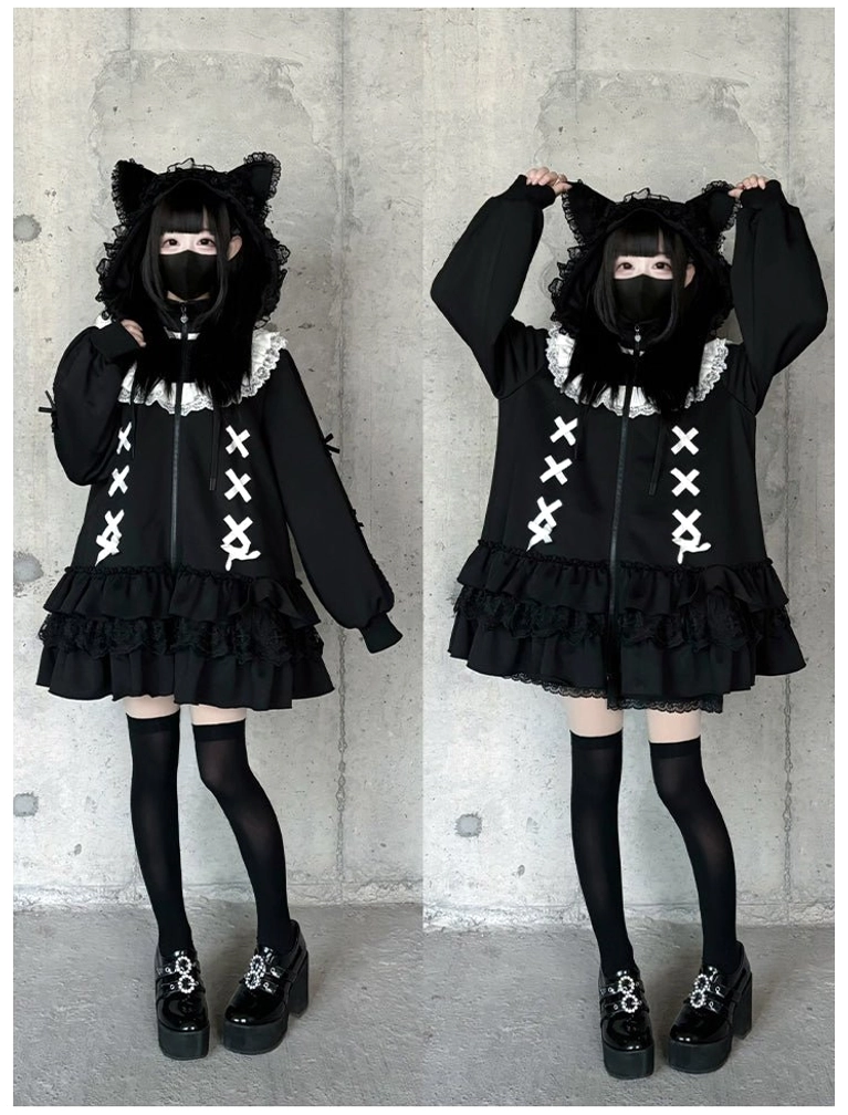 Black Jirai Kei hooded coat only standalone piece without hood accessories