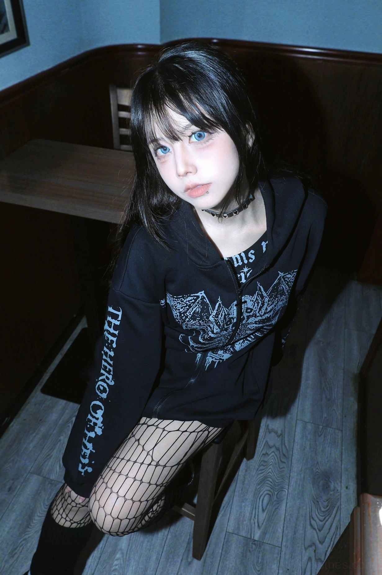Jirai Kei black hoodie with fleece lining variant, showing interior construction and comfort feature for winter wear in punk goth subculture