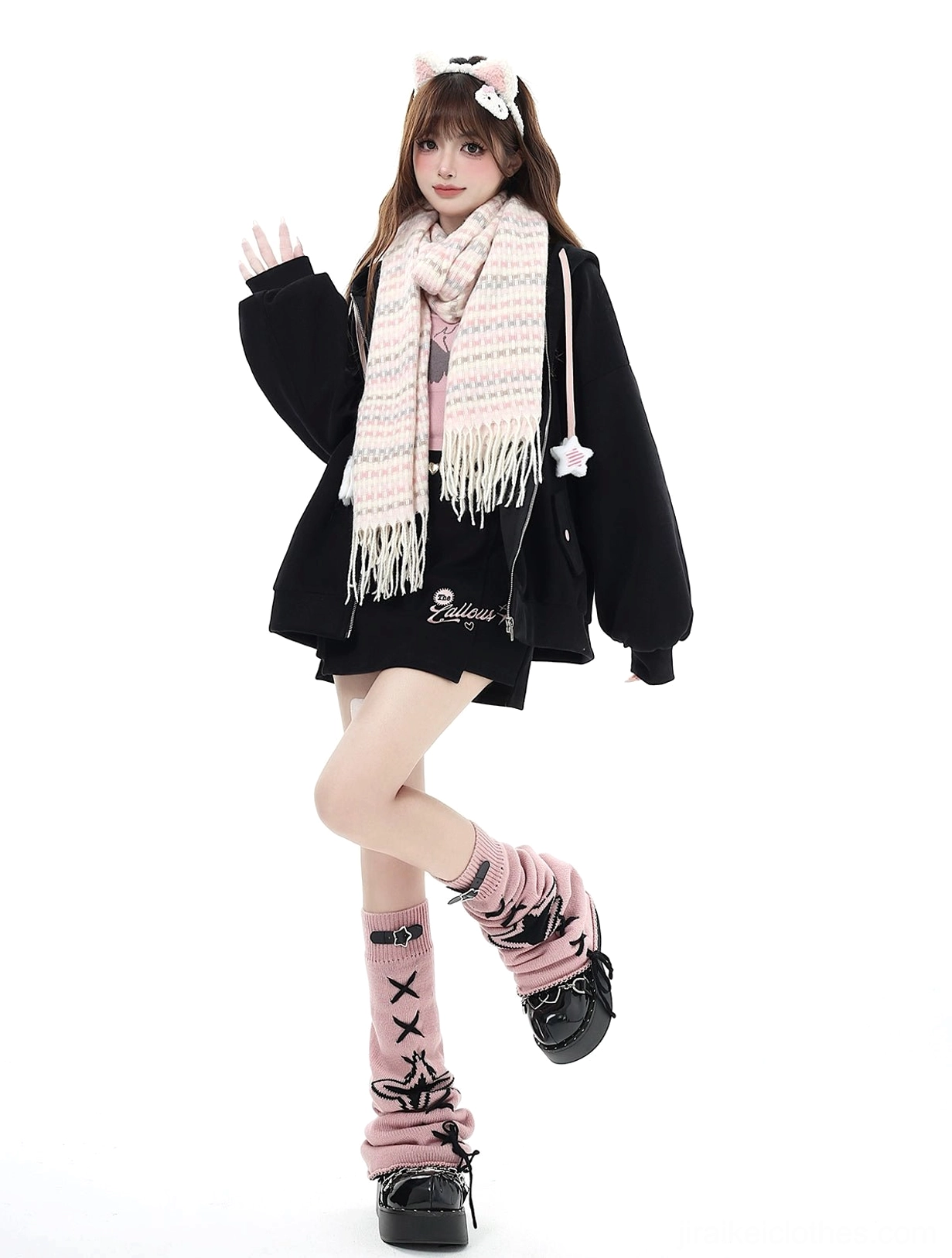 Black Jirai Kei hoodie and mini skirt set with tassel scarf and band-aid leg decoration, full-body front standing view