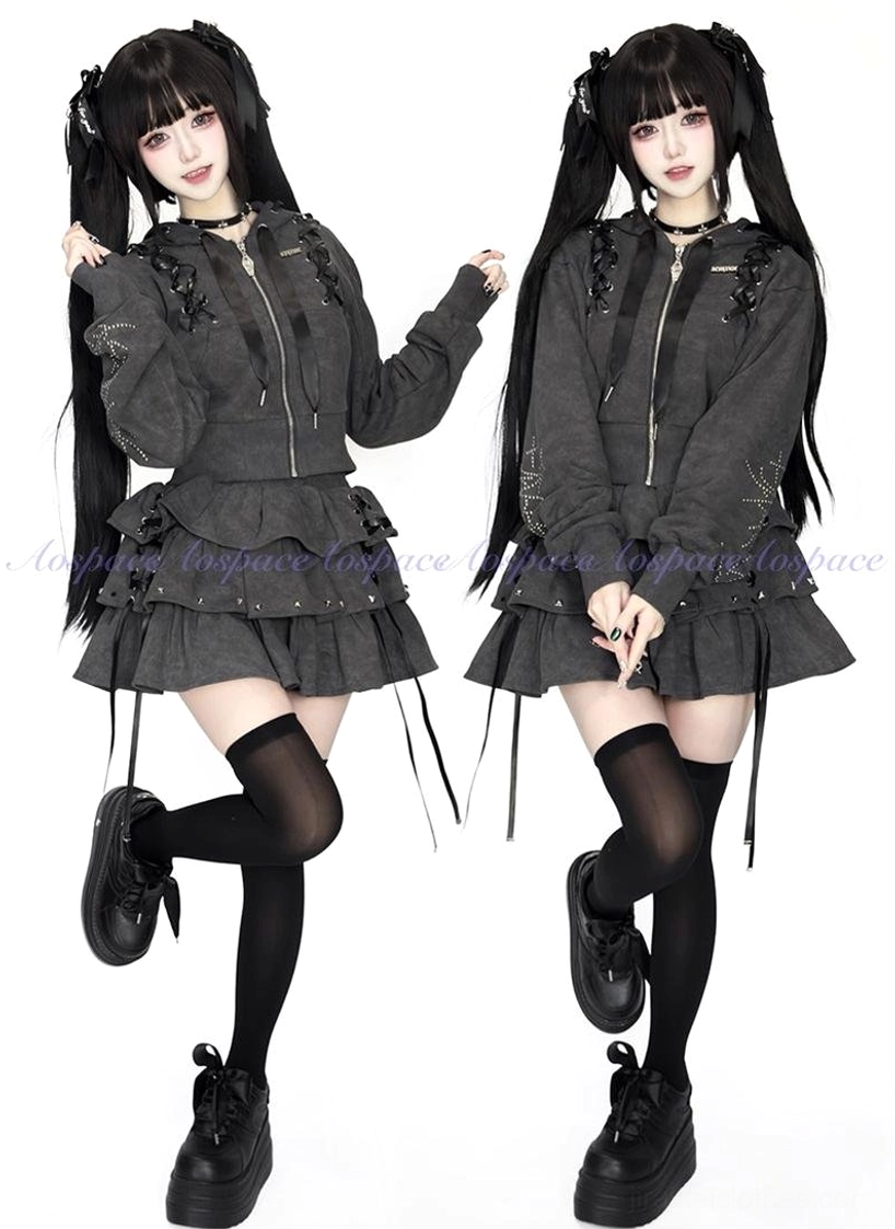 Black Jirai Kei hoodie and ruffle skirt outfit styled with accessories showing complete subculture aesthetic and fashion statement