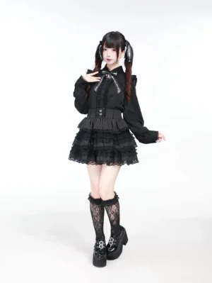 Black Jirai Kei lace collar long sleeve blouse with detachable ribbon bow tie front full-body fashion shot on model with twin-tailed hairstyle