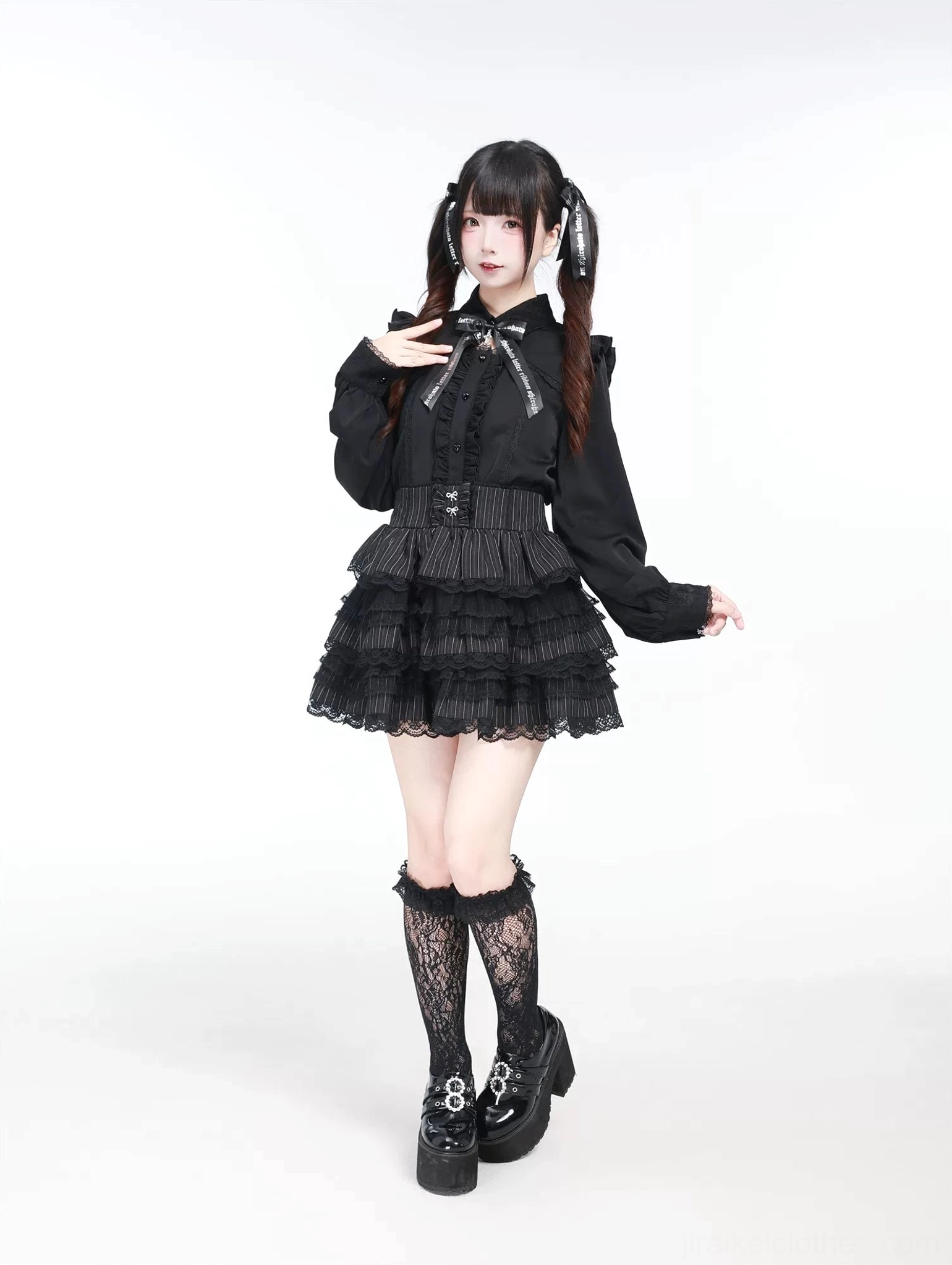 Black Jirai Kei lace collar long sleeve blouse with detachable ribbon bow tie front full-body fashion shot on model with twin-tailed hairstyle