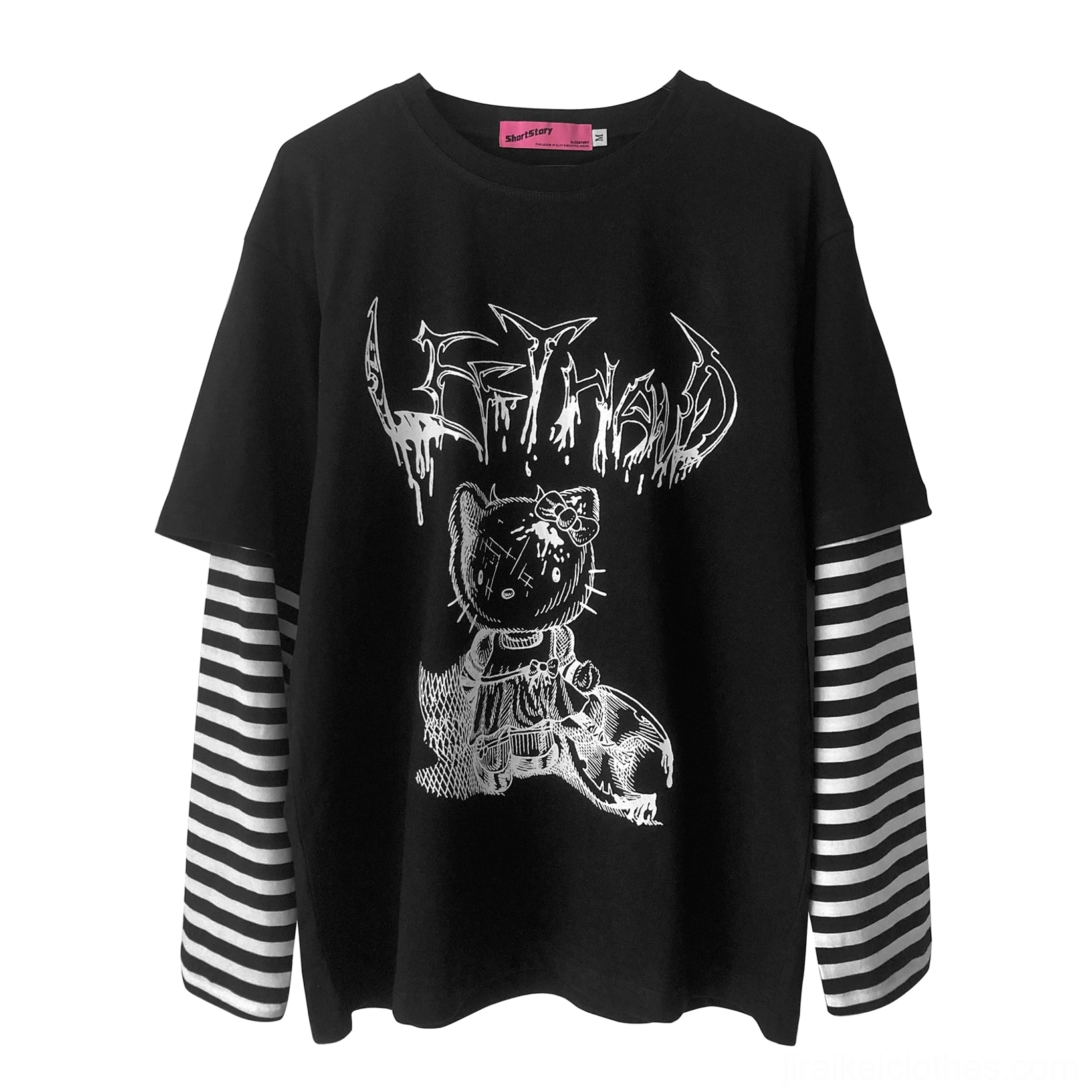 Jirai kei black long sleeve false two-piece striped punk tee with black cat anime graphic print design