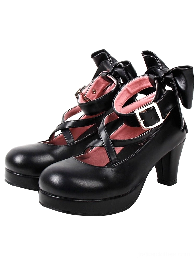 Jirai Kei matte black leather Mary Jane heels with pink inner lining cross strap and back bow detail
