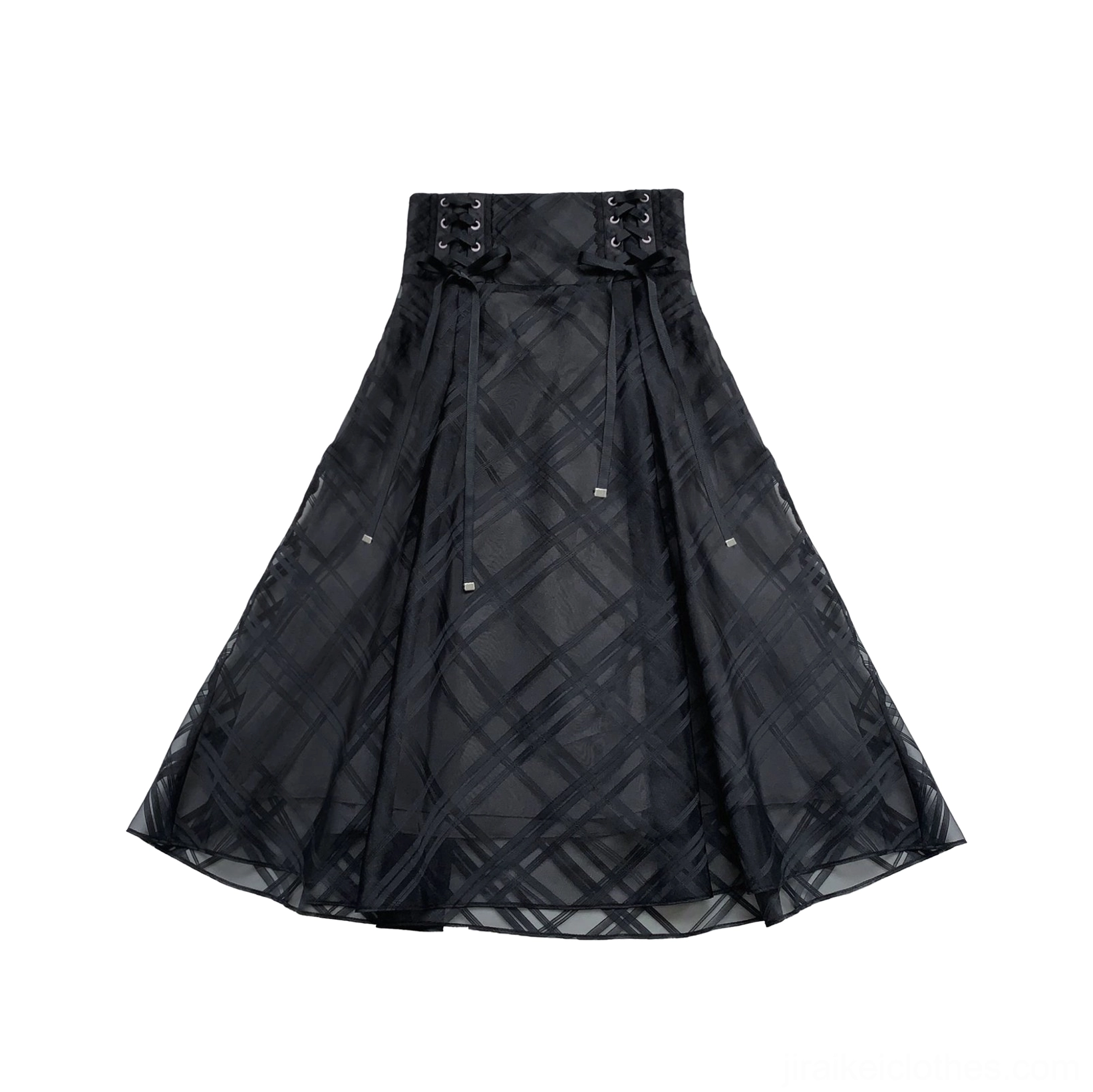 Black maxi Jirai Kei skirt standalone product view, high-waist sheer layered construction mesh detail showcase