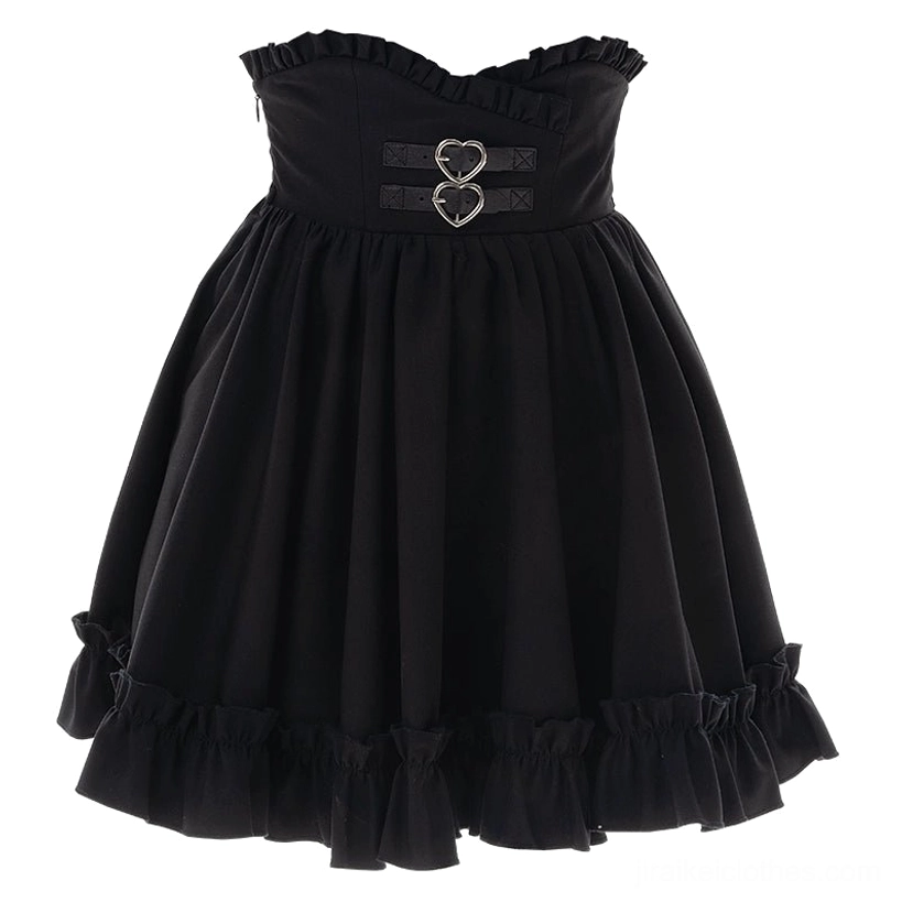 Standalone display of black multi-layer ruffled Jirai Kei skirt showcasing waist ruffle construction, hem ruffles, side zipper, soft lining, and silver heart buckle decorative straps