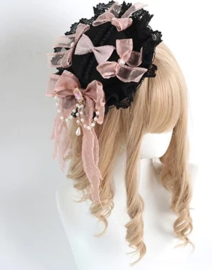 Jirai Kei headband hair accessory back view showing dangling pink tulle bows and pearl pendants