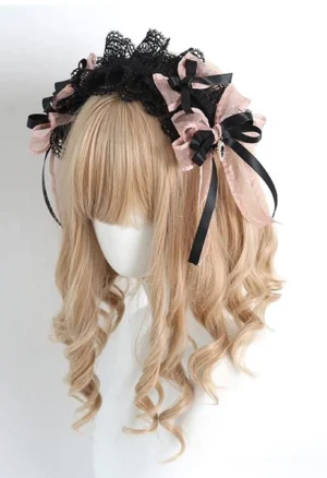 Jirai Kei black pink lace headband with ruffled trim and ribbon bows worn on blonde mannequin front view