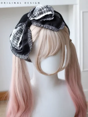 Black plaid gingham bow beret jirai kei lolita hat left front three-quarter view with ruffled bow detail