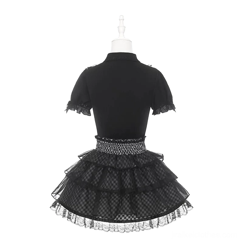 Jirai Kei black plaid skirt with tulle overlay layered dimensional texture geometric pattern sheer overlay construction detail close-up view
