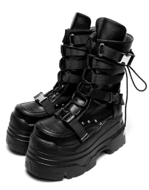 Black Jirai Kei studded platform mid-calf boots with chunky serrated sole, multi-buckle straps, and lace-up closure, front three-quarter view