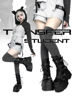Model wearing black Jirai Kei platform boots paired with grey thigh-high socks and cat-ear hooded techwear outfit, half-body styling shot