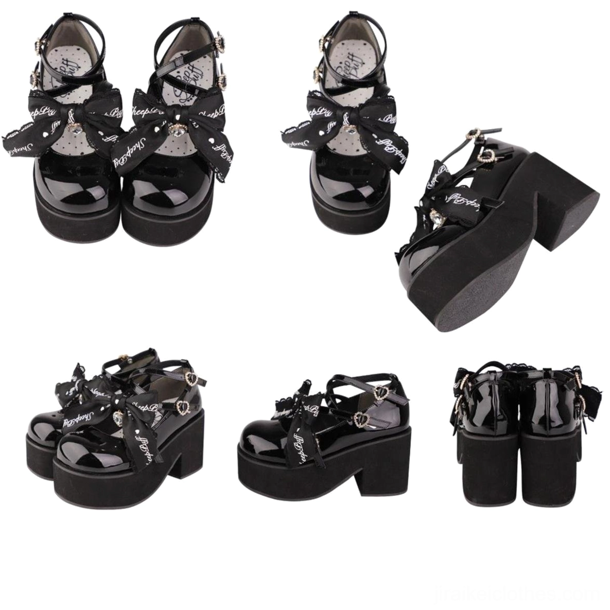 Black platform Mary Jane shoes from multiple angles showcasing the architectural buckle system, patent leather shine, round toe design, and overall Jirai Kei aesthetic composition