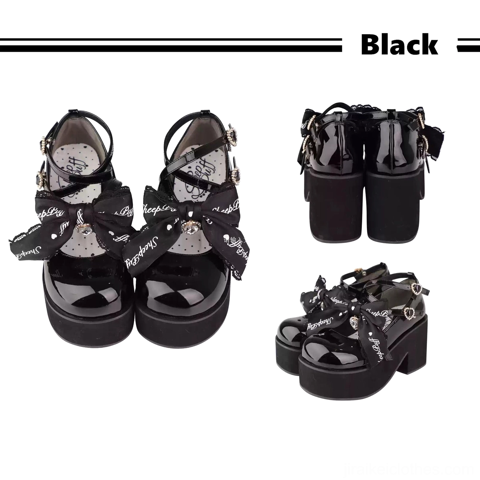 Bottom sole view of black platform Mary Jane Jirai Kei shoes showing non-slip EVA sole design, chunky platform structure, and sturdy construction for comfortable wear