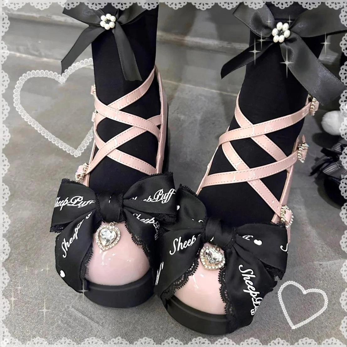 Black patent leather platform Mary Jane Jirai Kei shoes detailed showcase featuring three-point buckle system, heart hardware, patent finish, and round toe design
