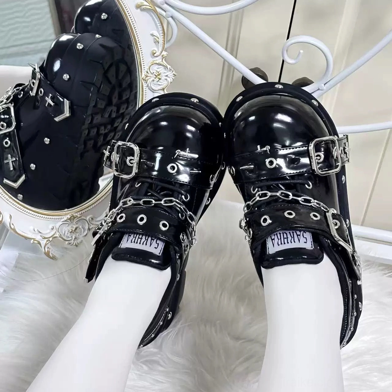 jirai kei black platform shoes patent leather silver hardware chain straps cross accents mixed view ornate details