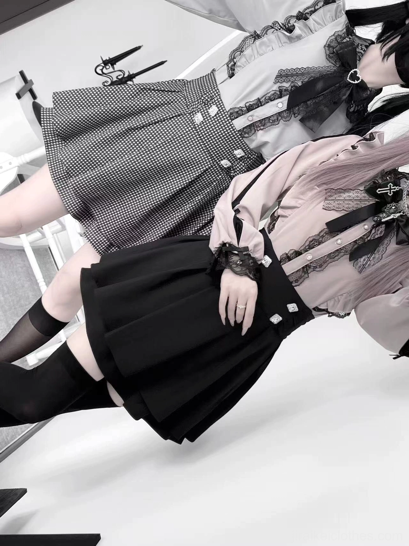 Jirai Kei black pleated skirt lace blouse outfit low angle lying flat photography model on table thigh-high socks gingham skirt set