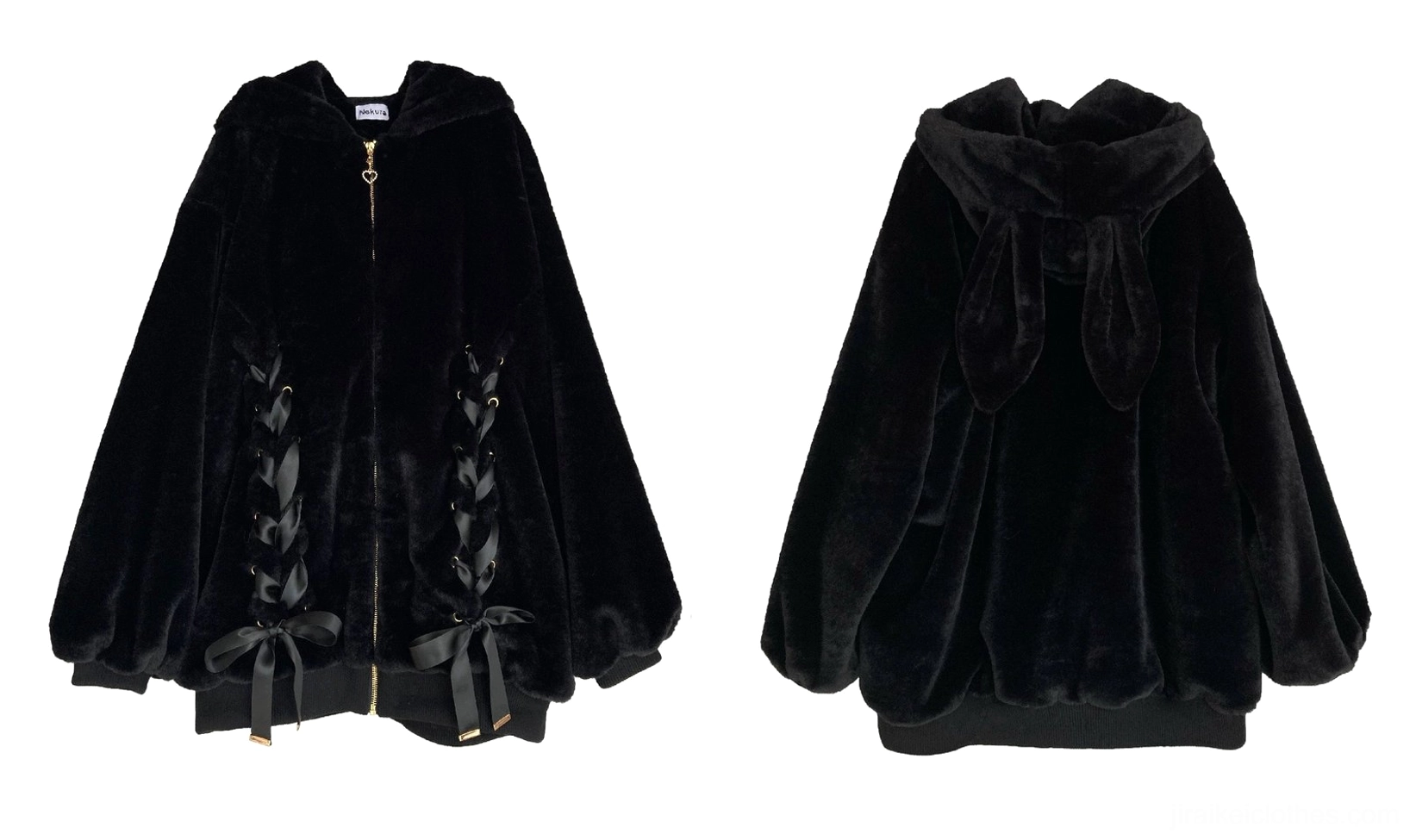 Black plush coat with decorative bunny ear hood zipper detail and side pocket functional design
