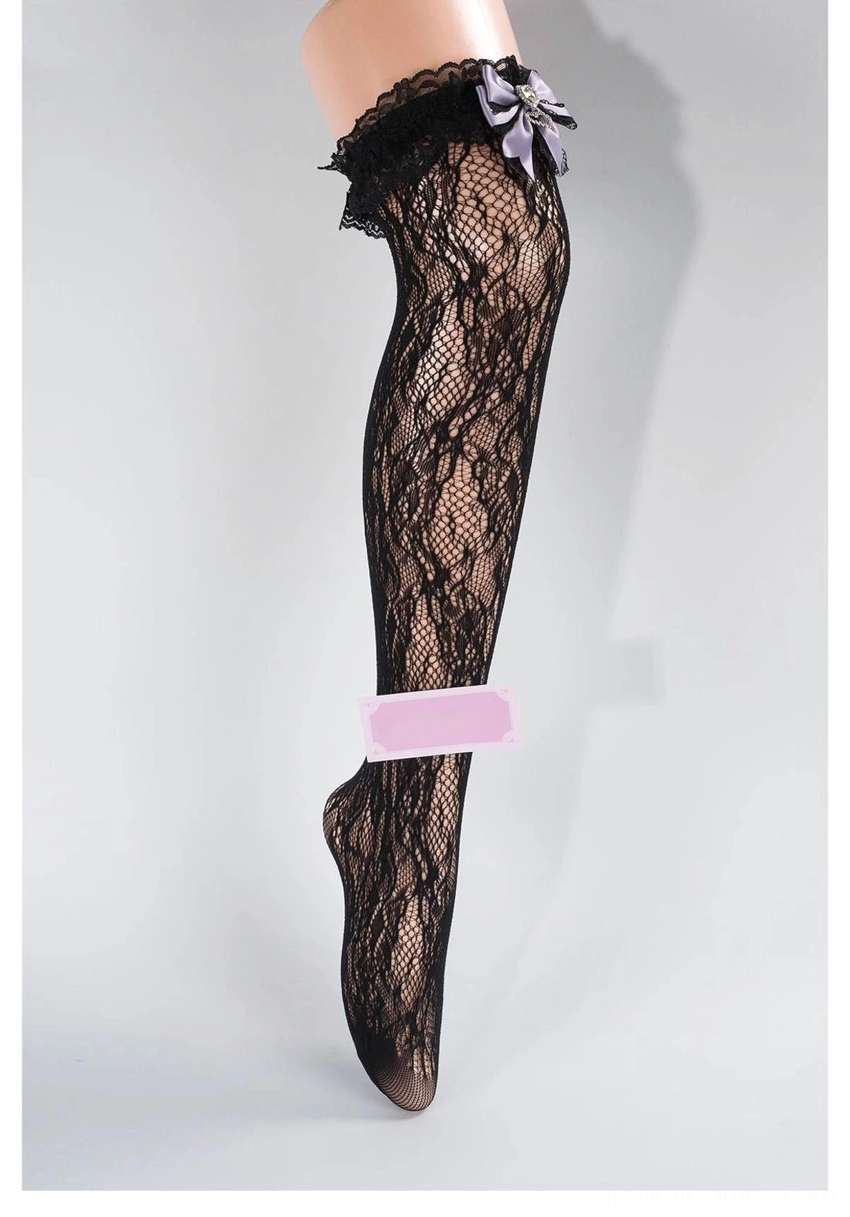 Black lace mid-calf Jirai Kei socks with ruffled black lace cuff, purple bow and heart rhinestone accent, black floral lace texture