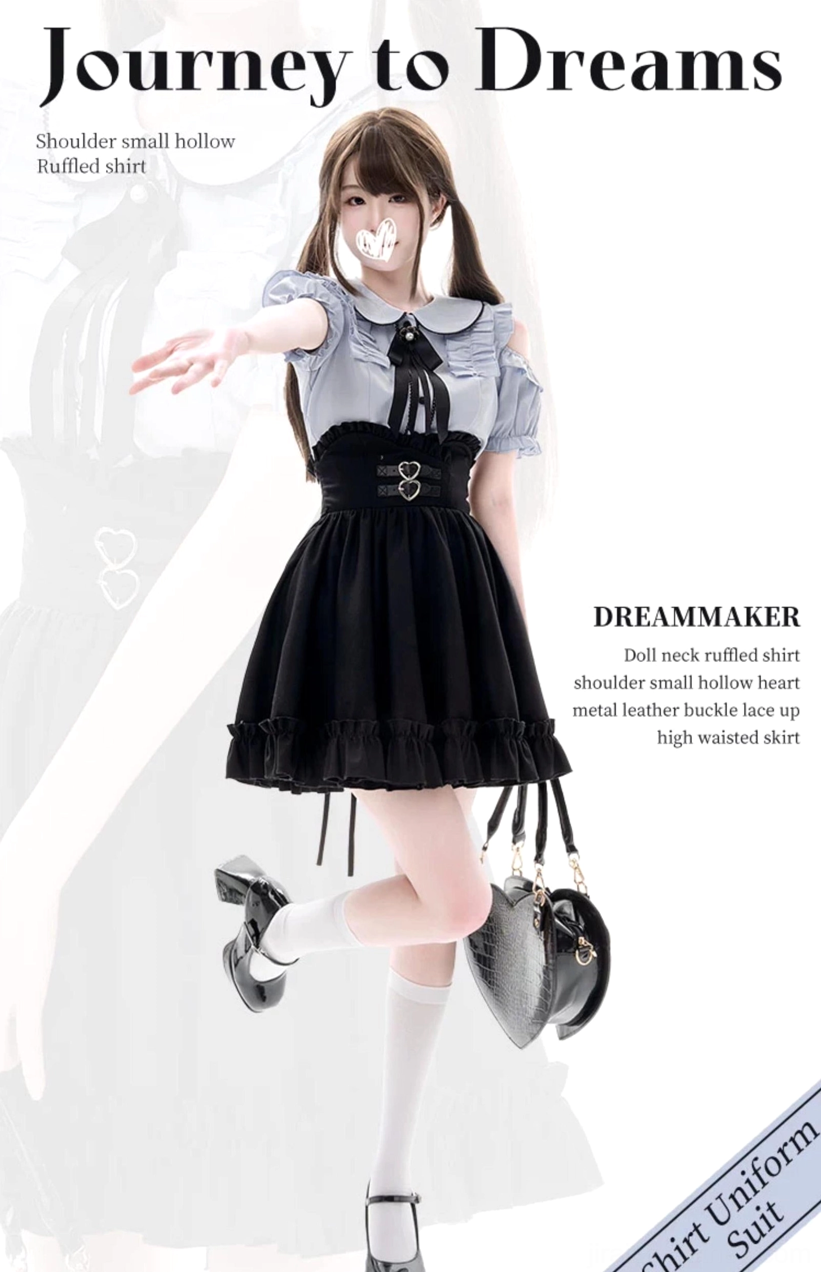 Detailed view of black Jirai Kei skirt featuring structured ruffles, silvery-grey heart buckles on decorative straps, and multi-layer hem construction for gothic lolita aesthetic