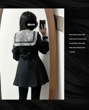 Jirai Kei black dress back view showing lace yoke waist bow and A-line skirt silhouette from behind