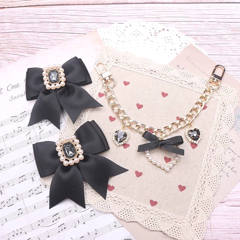 Black satin bow Jirai Kei bag charm large rhinestones gold metal chain heart pendants accessories