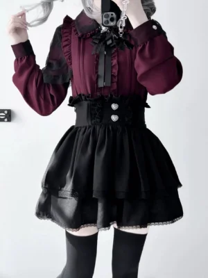 Jirai Kei black tiered ruffle skirt with lace trim heart-shaped buttons detail front view