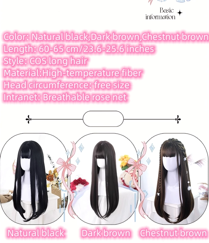 Jirai Kei straight long wig detail shot highlighting blunt bangs, silky texture, realistic scalp design, and authentic Harajuku Lolita fashion styling capability