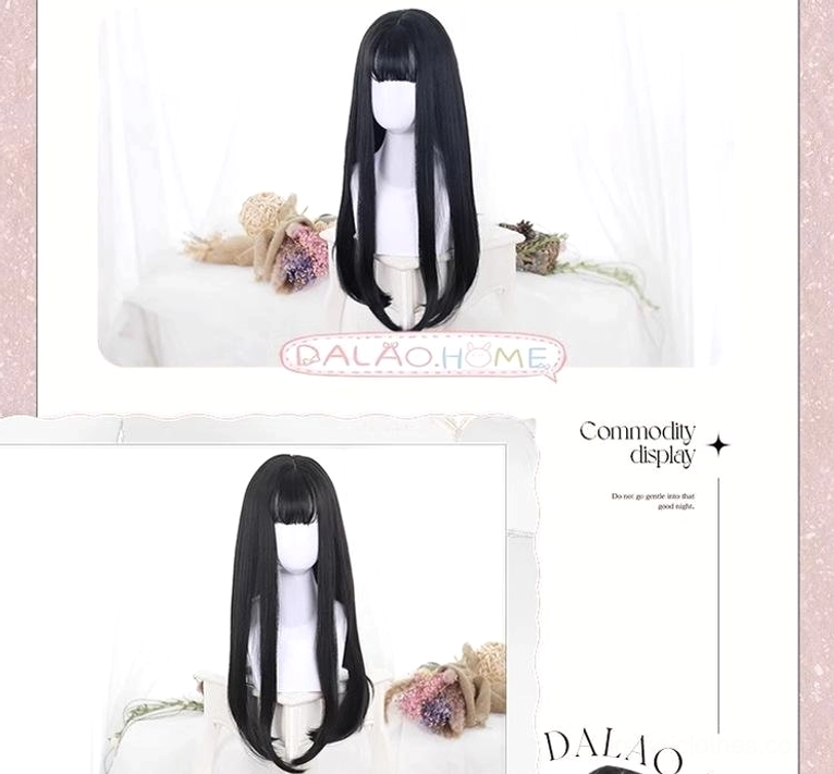 Dual-angle display of black Jirai Kei straight wig showing blunt bangs, pure black color, and straight hair texture from minimalist brand background perspective