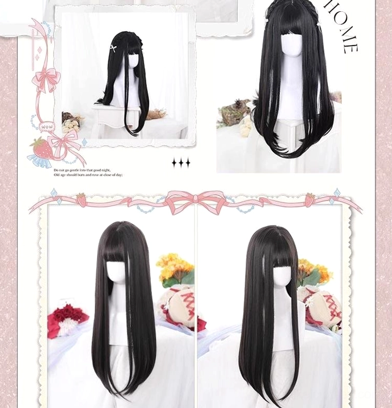 Multi-angle product photography of black Jirai Kei straight wig demonstrating various viewing perspectives, consistent style, and realistic scalp design with floral props