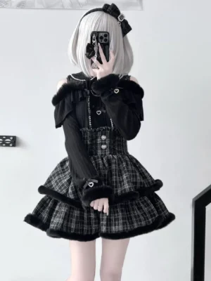 Black Jirai Kei open-shoulder sweater with black plush trim and pearl heart embellishments, front view showcasing lace collar and off-shoulder silhouette