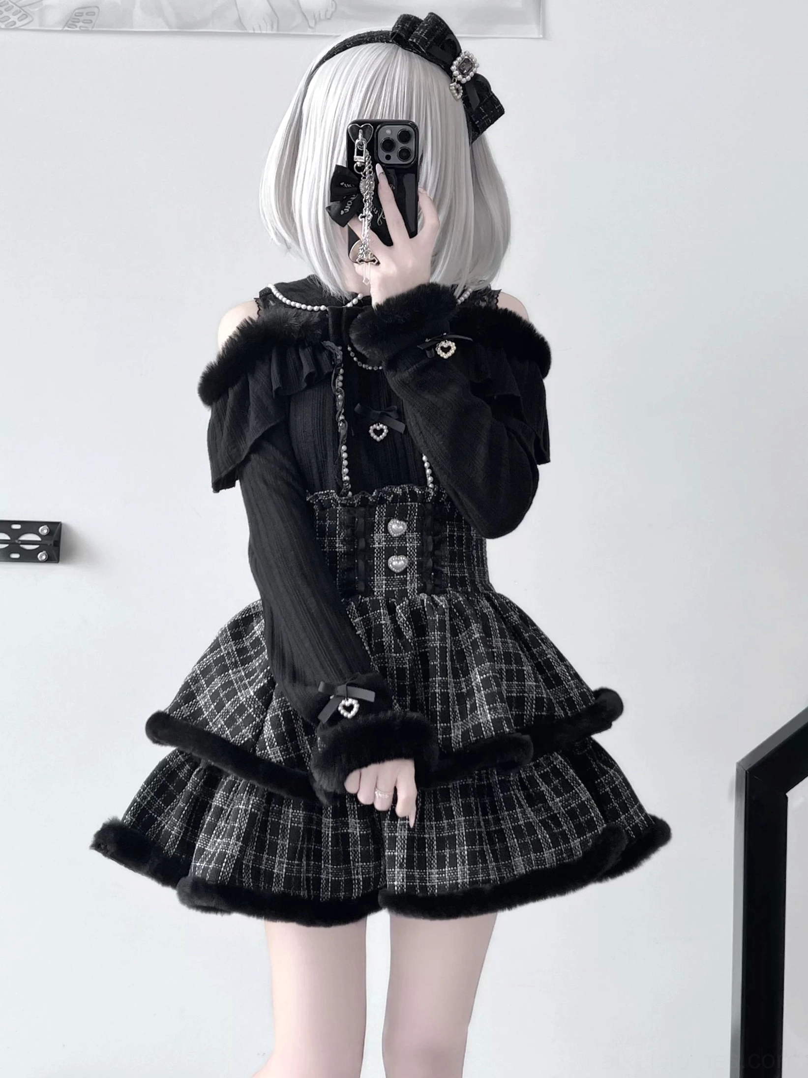 Black Jirai Kei open-shoulder sweater with black plush trim and pearl heart embellishments, front view showcasing lace collar and off-shoulder silhouette