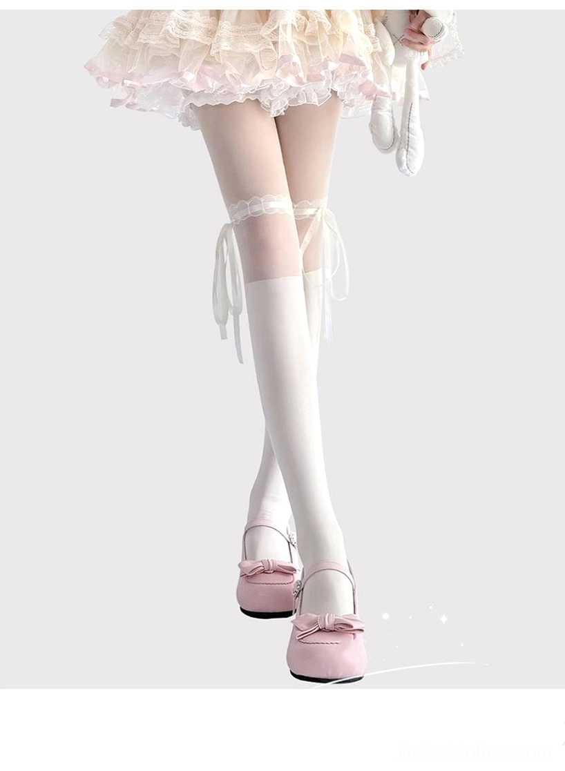 Black Jirai Kei thigh-high lace socks with ribbon bow details product styling dark aesthetic