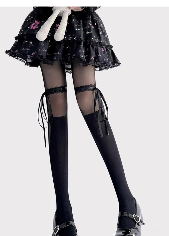 Black Jirai Kei thigh-high lace socks with ribbon bows one size fit aesthetic edge dark moody