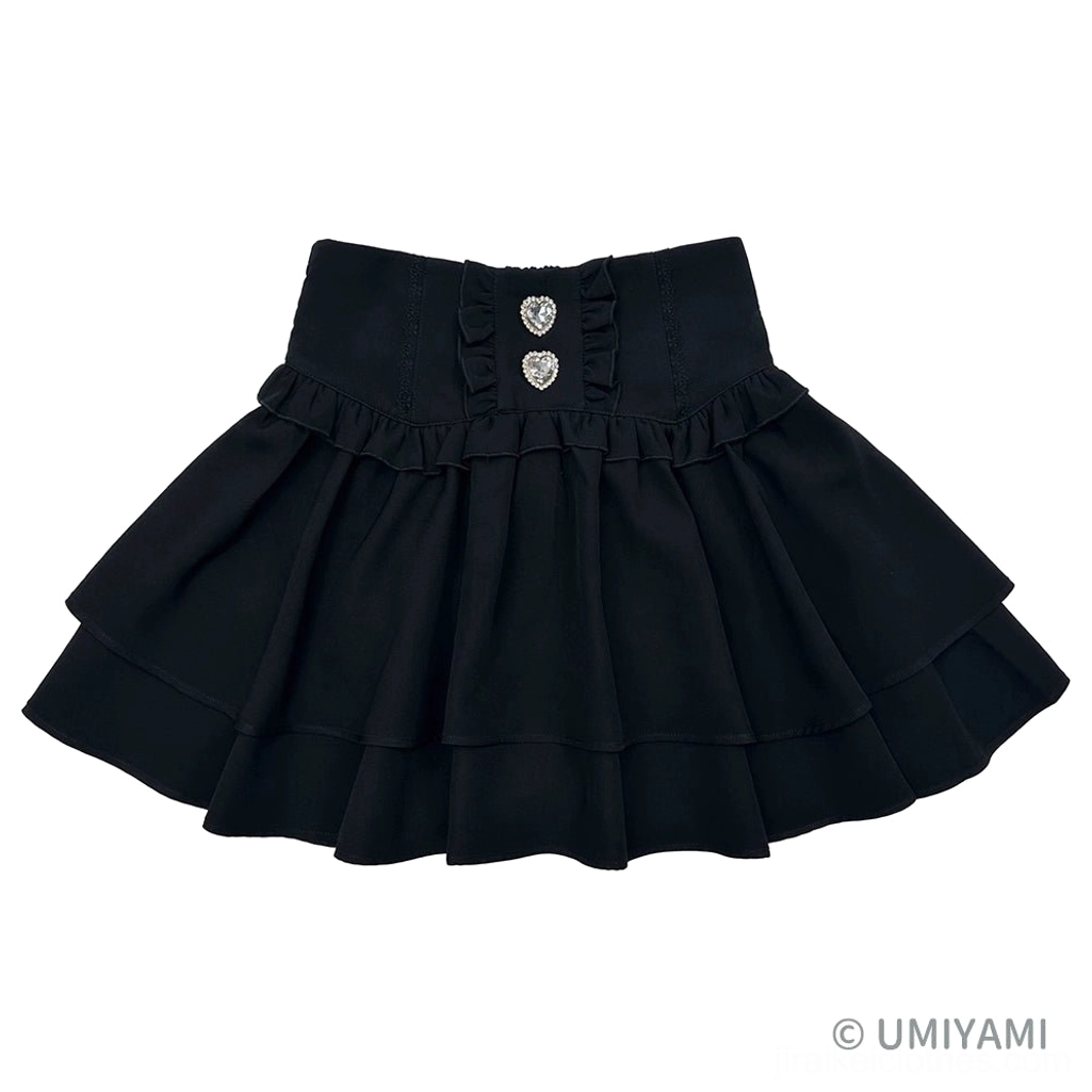 Black jirai kei tiered mini skirt foundation piece, dark rebel colorway, layered ruffles, pleated waistband, versatile jirai kei essential