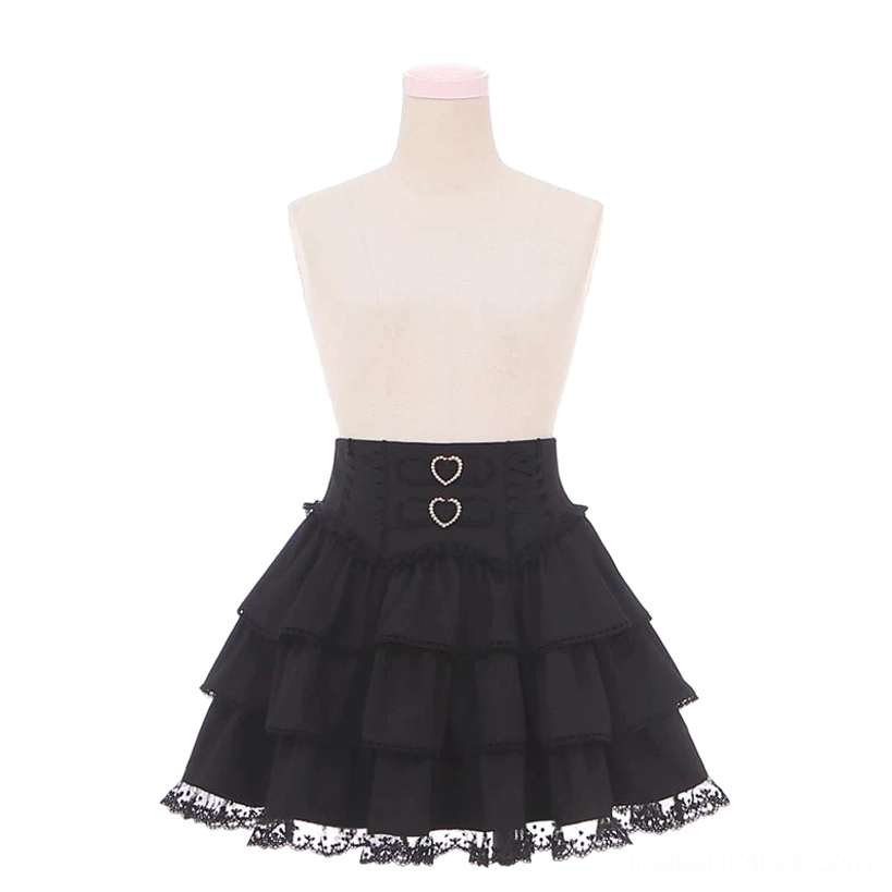Black Jirai Kei tiered skirt with high waist lace-up front, heart-shaped waist details, and layered ruffles displayed flat showing full skirt length and lace hem trim