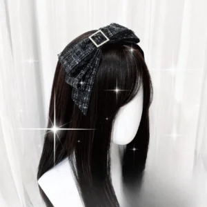 Black Jirai Kei double-layered bow headband with square rhinestone accents on mannequin side view