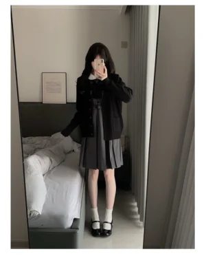 Jirai Kei black cardigan back view mirror selfie with dark sailor uniform indoor bedroom aesthetic