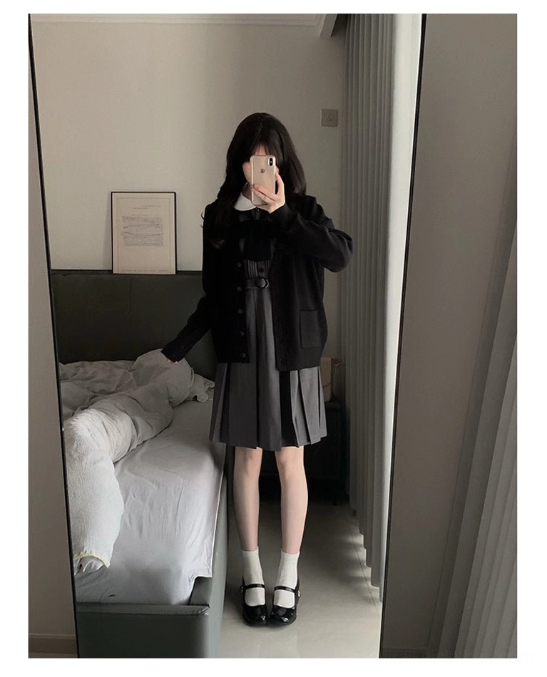 Jirai Kei black cardigan back view mirror selfie with dark sailor uniform indoor bedroom aesthetic